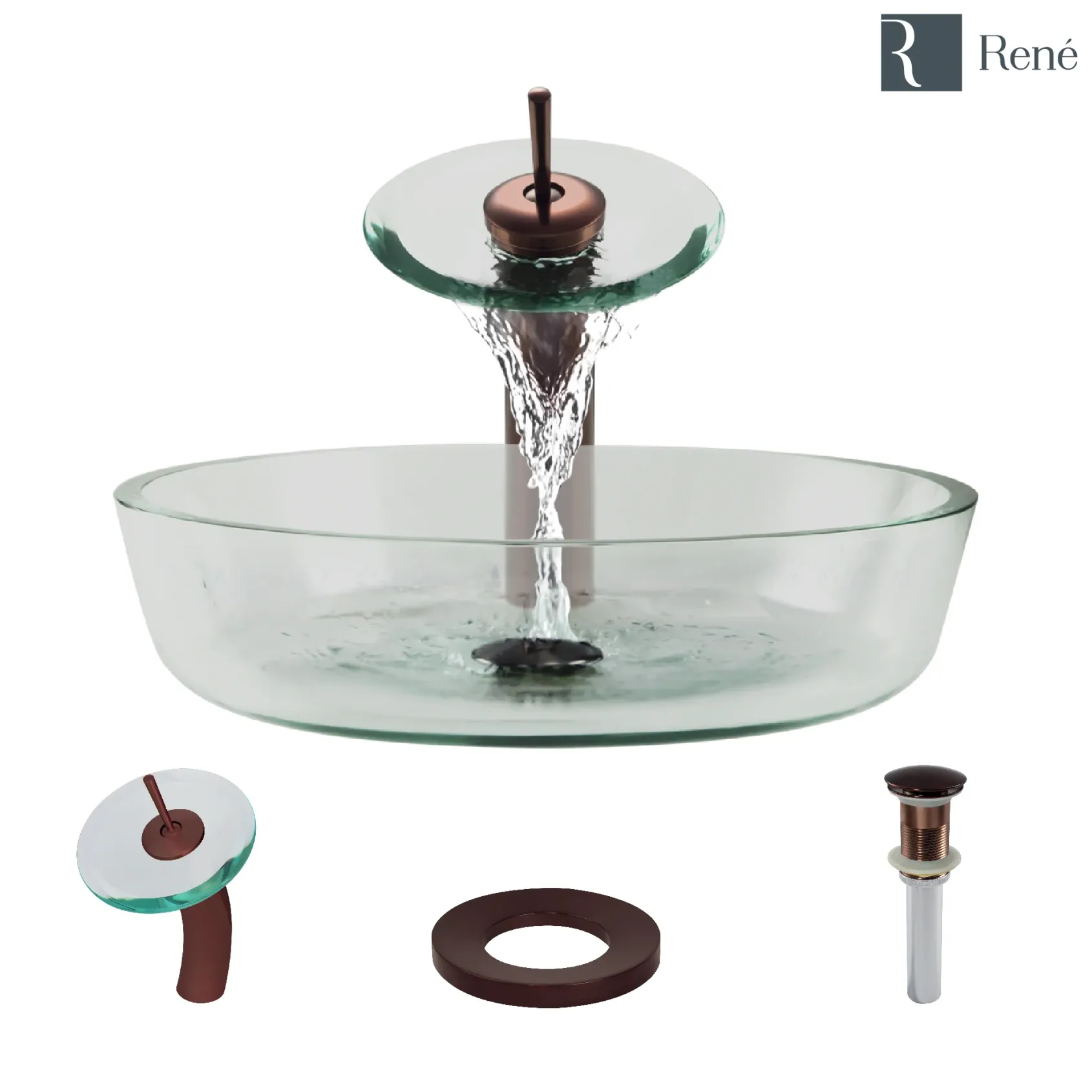Rene 17" Round Glass Bathroom Sink, Crystal, with Faucet, R5-5024-WF-ORB