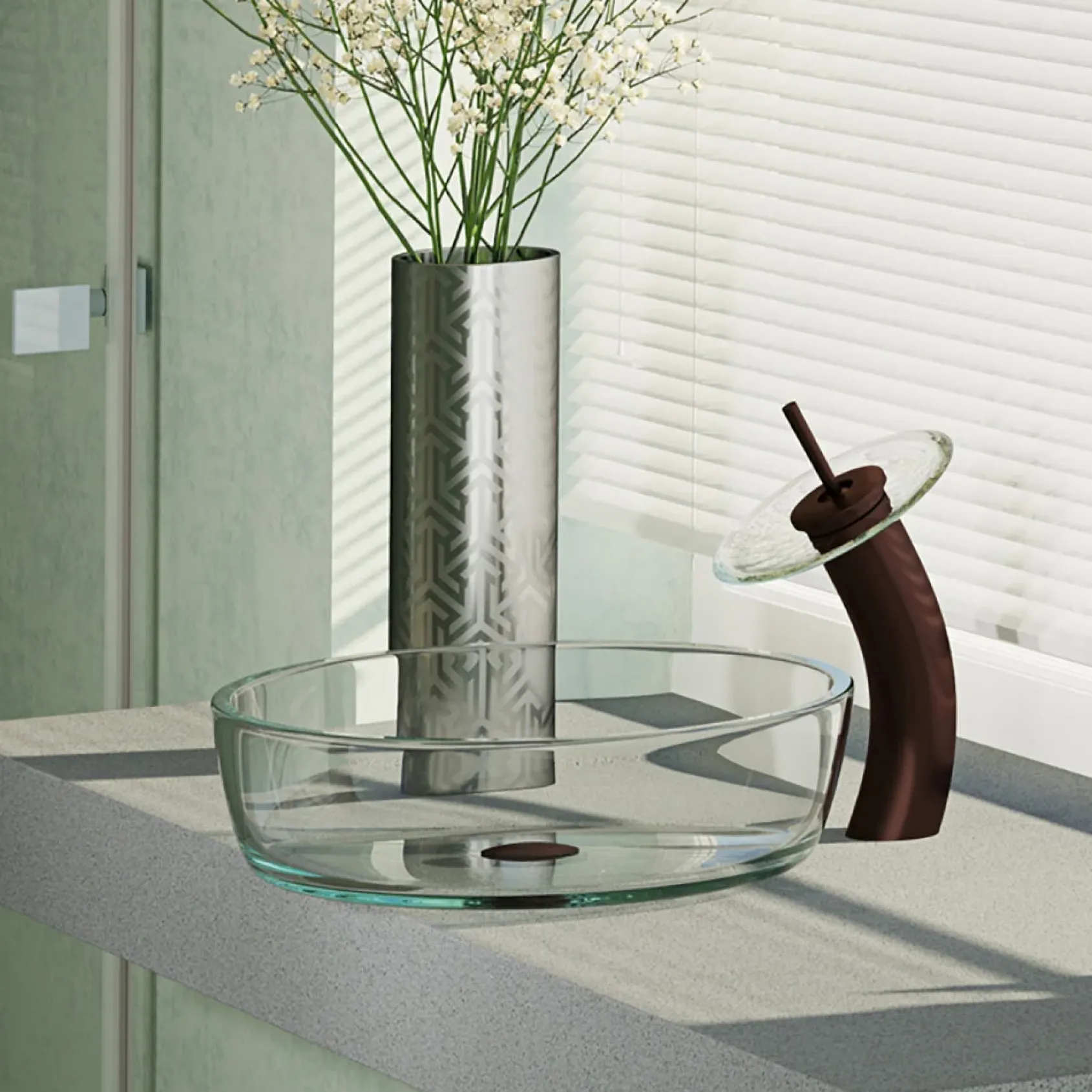 Rene 17" Round Glass Bathroom Sink, Crystal, with Faucet, R5-5024-WF-ORB