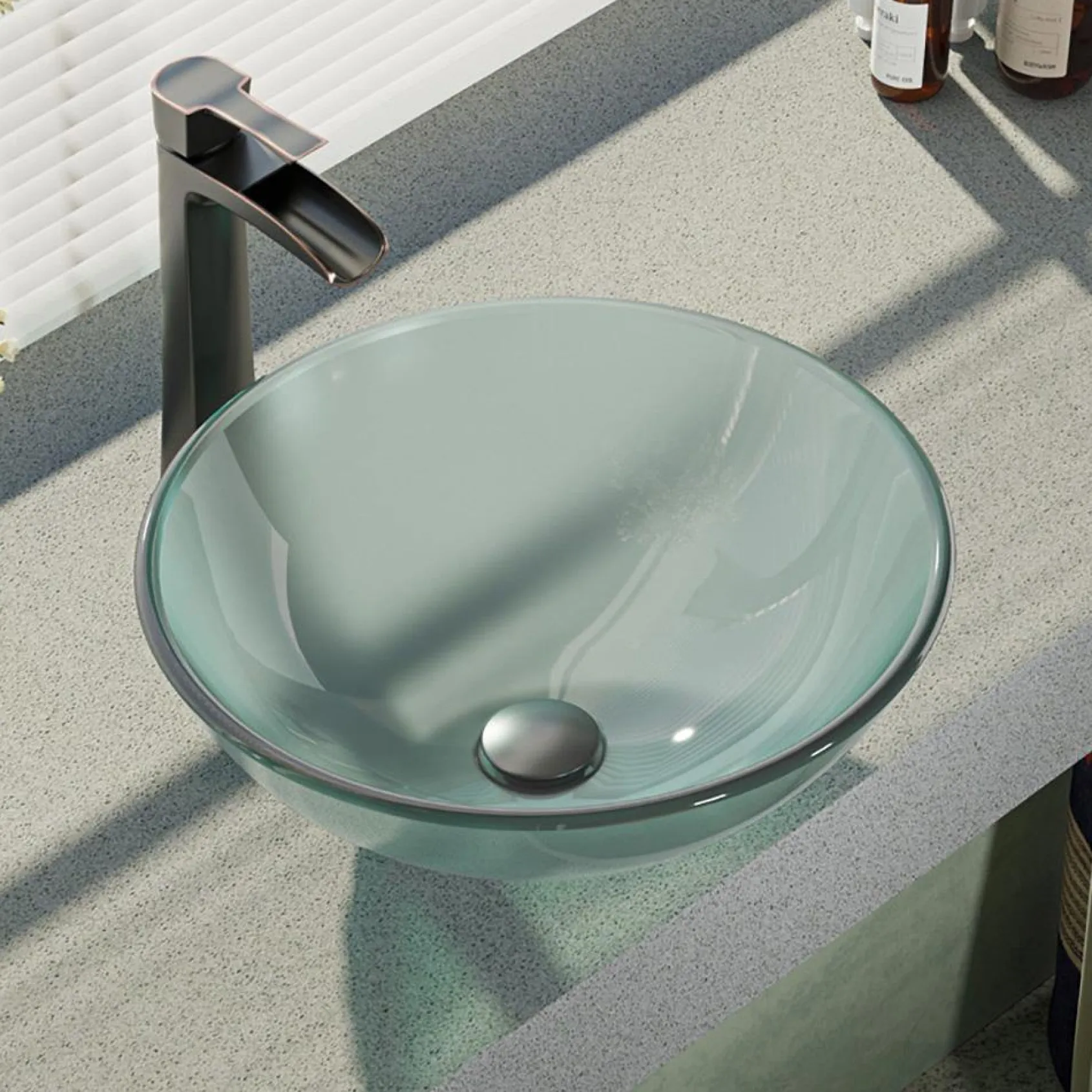 Rene 17" Round Glass Bathroom Sink, Frosted, with Faucet, R5-5002-R9-7007-ABR