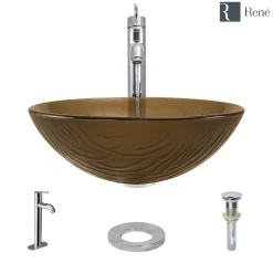 Rene 17" Round Glass Bathroom Sink, Beach Sand, with Faucet, R5-5025-R9-7001-C