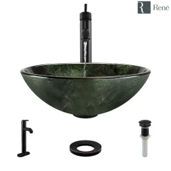Rene 17" Round Glass Bathroom Sink, Forest Green, with Faucet, R5-5027-R9-7001-ABR