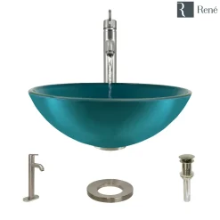 Rene 17" Round Glass Bathroom Sink, Cerulean, with Faucet, R5-5001-CER-R9-7001-BN