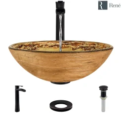 Rene 17" Round Glass Bathroom Sink, Golden and auburn, with Faucet, R5-5029-R9-7007-ABR