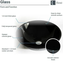 Rene 17" Round Glass Bathroom Sink, Noir, with Faucet, R5-5001-NOR-R9-7006-ABR
