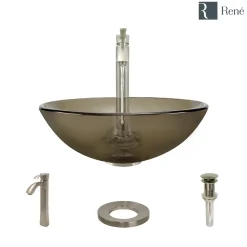 Rene 17" Round Glass Bathroom Sink, Cashmere, with Faucet, R5-5001-CAS-R9-7006-BN