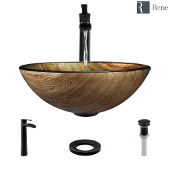 Rene 17" Round Glass Bathroom Sink, Bronze, with Faucet, R5-5030-R9-7007-ABR