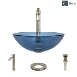 Rene 17" Round Glass Bathroom Sink, Celeste, with Faucet, R5-5001-CEL-R9-7006-BN