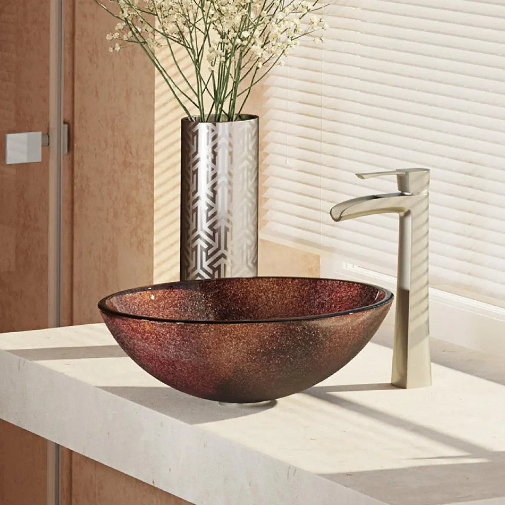 Rene 17" Round Glass Bathroom Sink, Multi-Color, with Faucet, R5-5014-R9-7007-BN