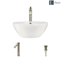 Rene 16" Round Porcelain Bathroom Sink, Biscuit, with Faucet, R2-5031-B-R9-7006-BN