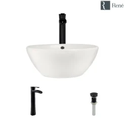 Rene 16" Round Porcelain Bathroom Sink, Biscuit, with Faucet, R2-5031-B-R9-7007-ABR