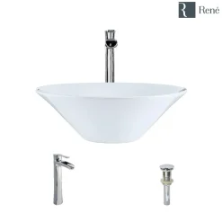 Rene 17" Round Porcelain Bathroom Sink, White, with Faucet, R2-5015-W-R9-7007-C