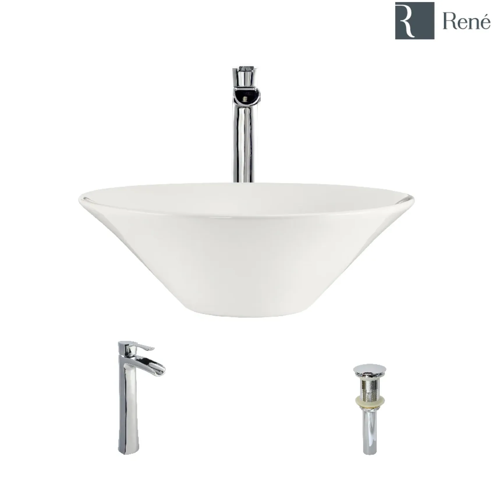 Rene 17" Round Porcelain Bathroom Sink, Biscuit, with Faucet, R2-5015-B-R9-7007-C