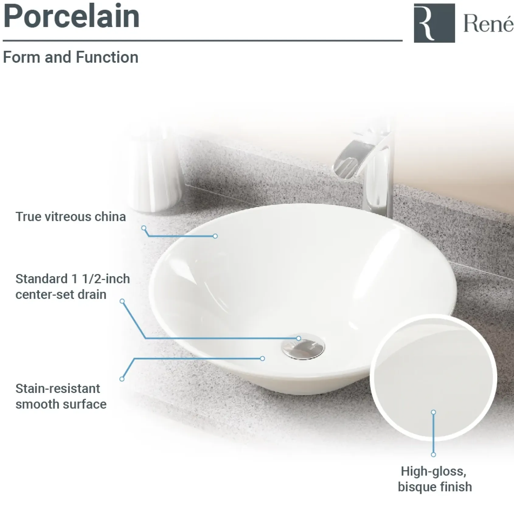 Rene 17" Round Porcelain Bathroom Sink, Biscuit, with Faucet, R2-5015-B-R9-7007-C