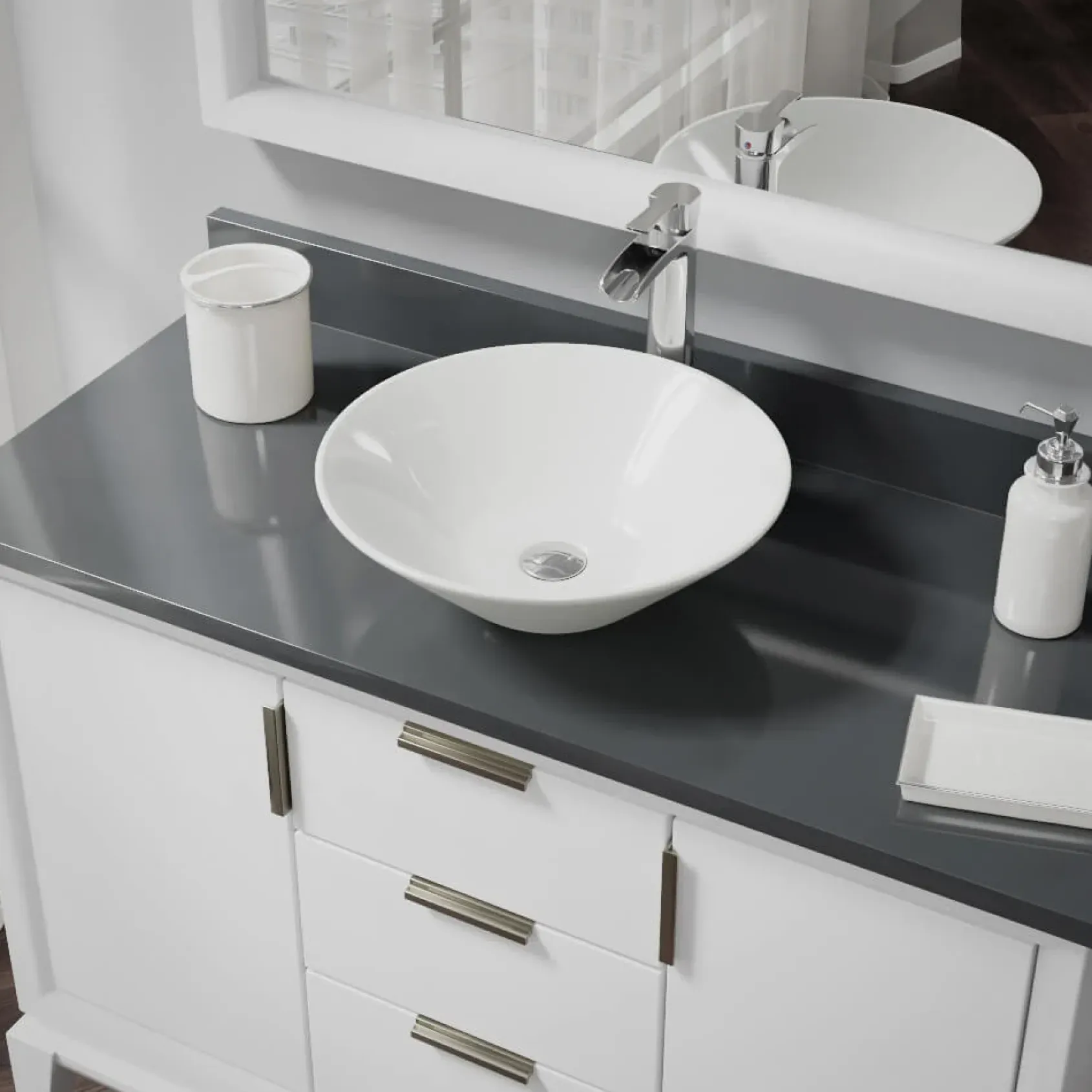 Rene 17" Round Porcelain Bathroom Sink, Biscuit, with Faucet, R2-5015-B-R9-7007-C
