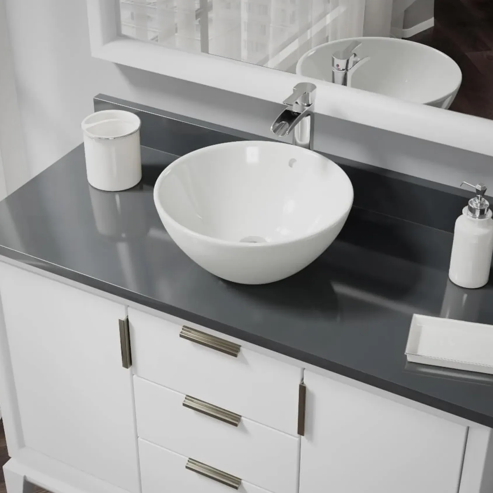 Rene 16" Round Porcelain Bathroom Sink, Biscuit, with Faucet, R2-5031-B-R9-7007-C