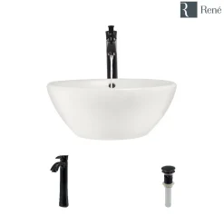 Rene 16" Round Porcelain Bathroom Sink, Biscuit, with Faucet, R2-5031-B-R9-7006-ABR
