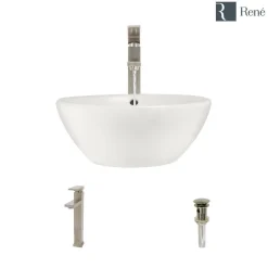 Rene 16" Round Porcelain Bathroom Sink, Biscuit, with Faucet, R2-5031-B-R9-7003-BN