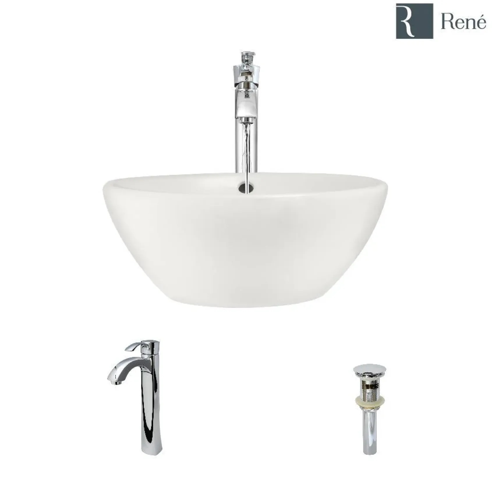 Rene 16" Round Porcelain Bathroom Sink, Biscuit, with Faucet, R2-5031-B-R9-7006-C
