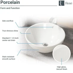 Rene 16" Round Porcelain Bathroom Sink, Biscuit, with Faucet, R2-5031-B-R9-7006-C
