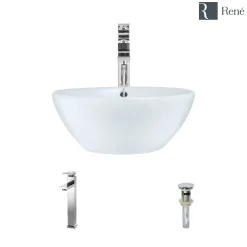 Rene 16" Round Porcelain Bathroom Sink, White, with Faucet, R2-5031-W-R9-7003-C