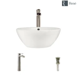 Rene 16" Round Porcelain Bathroom Sink, Biscuit, with Faucet, R2-5031-B-R9-7007-BN