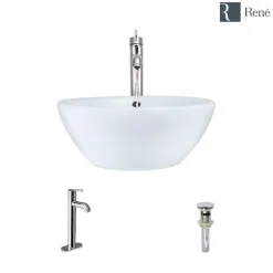 Rene 16" Round Porcelain Bathroom Sink, White, with Faucet, R2-5031-W-R9-7001-C