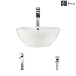 Rene 16" Round Porcelain Bathroom Sink, Biscuit, with Faucet, R2-5031-B-R9-7003-C
