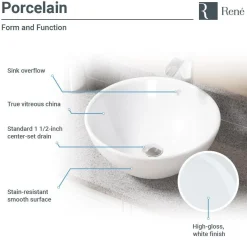 Rene 16" Round Porcelain Bathroom Sink, White, with Faucet, R2-5031-W-R9-7001-ABR