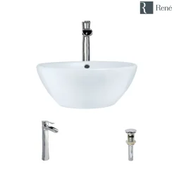 Rene 16" Round Porcelain Bathroom Sink, White, with Faucet, R2-5031-W-R9-7007-C
