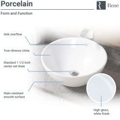 Rene 16" Round Porcelain Bathroom Sink, White, with Faucet, R2-5031-W-R9-7006-BN