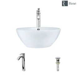 Rene 16" Round Porcelain Bathroom Sink, White, with Faucet, R2-5031-W-R9-7006-C