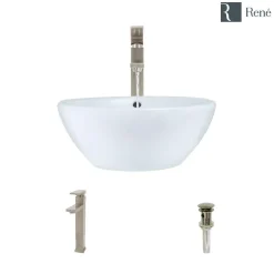Rene 16" Round Porcelain Bathroom Sink, White, with Faucet, R2-5031-W-R9-7003-BN
