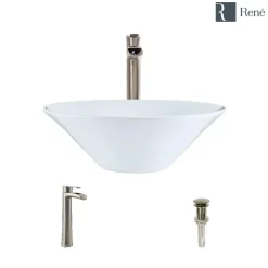 Rene 17" Round Porcelain Bathroom Sink, White, with Faucet, R2-5015-W-R9-7007-BN