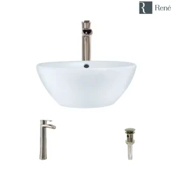 Rene 16" Round Porcelain Bathroom Sink, White, with Faucet, R2-5031-W-R9-7007-BN