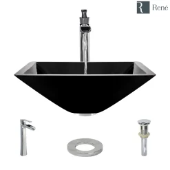 Rene 17" Square Glass Bathroom Sink, Noir, with Faucet, R5-5003-NOR-R9-7007-C