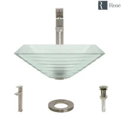 Rene 17" Square Glass Bathroom Sink, Textured, with Faucet, R5-5004-R9-7003-BN