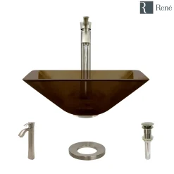 Rene 17" Square Glass Bathroom Sink, Cashmere, with Faucet, R5-5003-CAS-R9-7006-BN