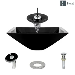 Rene 17" Square Glass Bathroom Sink, Noir, with Faucet, R5-5003-NOR-WF-C