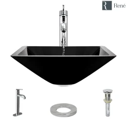 Rene 17" Square Glass Bathroom Sink, Noir, with Faucet, R5-5003-NOR-R9-7001-C