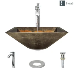 Rene 17" Square Glass Bathroom Sink, Metallic Green and Gold, with Faucet, R5-5036-R9-7006-C