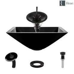 Rene 17" Square Glass Bathroom Sink, Noir, with Faucet, R5-5003-NOR-WF-ABR