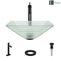 Rene 17" Square Glass Bathroom Sink, Textured, with Faucet, R5-5004-R9-7001-ABR