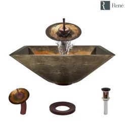 Rene 17" Square Glass Bathroom Sink, Metallic Green and Gold, with Faucet, R5-5036-WF-ORB