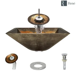 Rene 17" Square Glass Bathroom Sink, Metallic Green and Gold, with Faucet, R5-5036-WF-C