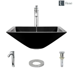 Rene 17" Square Glass Bathroom Sink, Noir, with Faucet, R5-5003-NOR-R9-7006-C