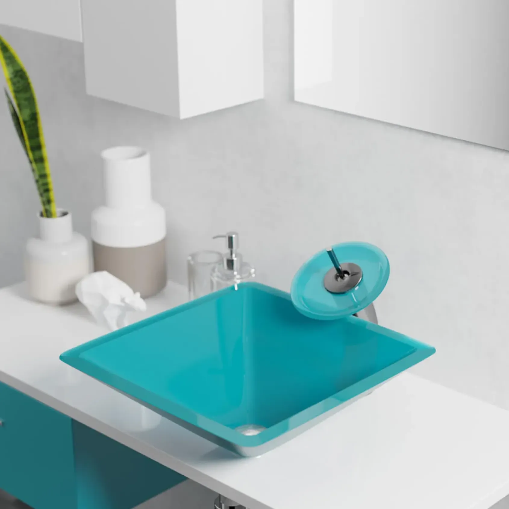 Rene 17" Square Glass Bathroom Sink, Cerulean, with Faucet, R5-5003-CER-R9-7003-C