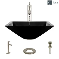 Rene 17" Square Glass Bathroom Sink, Noir, with Faucet, R5-5003-NOR-R9-7001-BN