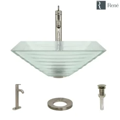 Rene 17" Square Glass Bathroom Sink, Textured, with Faucet, R5-5004-R9-7001-BN