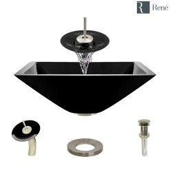 Rene 17" Square Glass Bathroom Sink, Noir, with Faucet, R5-5003-NOR-WF-BN