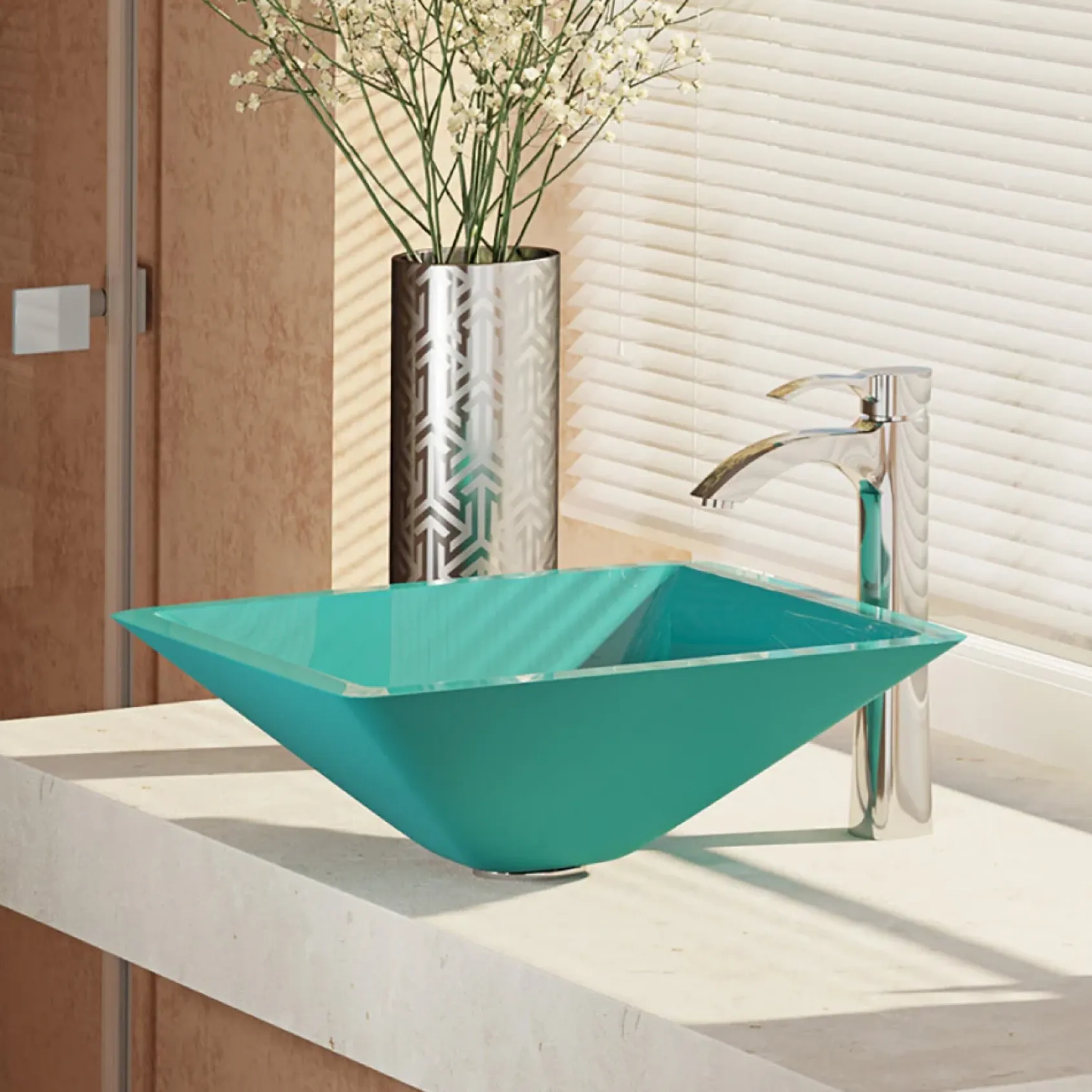 Rene 17" Square Glass Bathroom Sink, Cerulean, with Faucet, R5-5003-CER-R9-7006-C